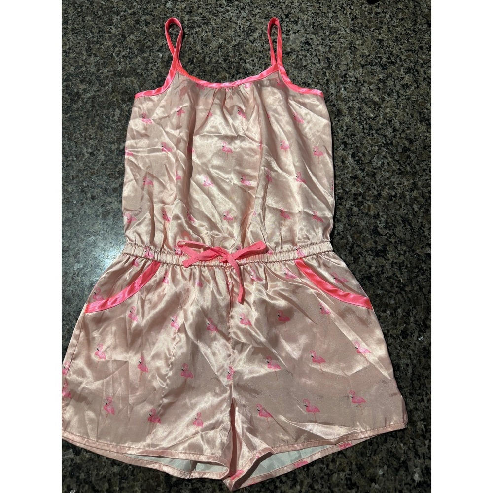 Justice Girls Pink Flamingo Satin Romper Pajamas‎ Sleepwear Size 12